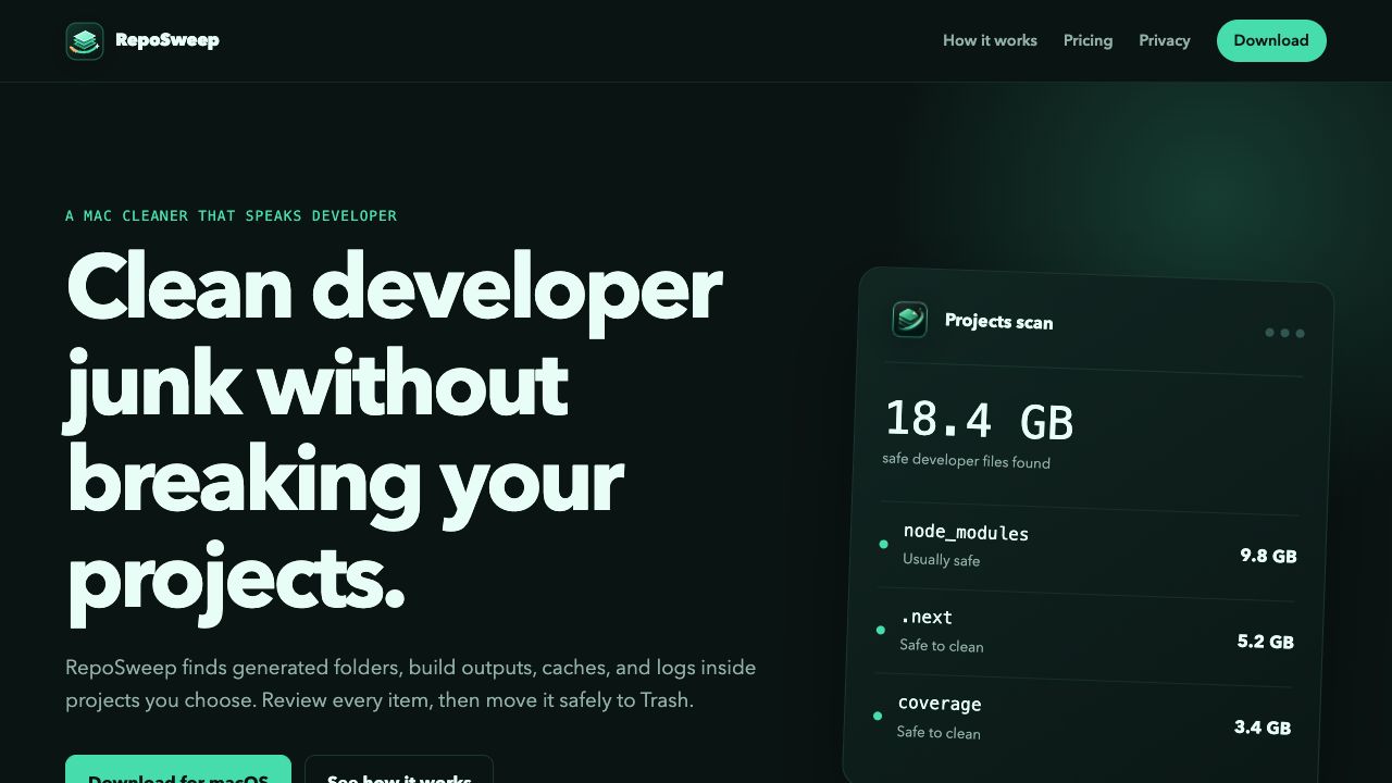 RepoSweep landing page